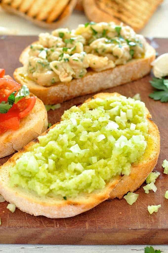 Tomato & Basil, Lemon Cannellini and a refreshing Celery Lime Bruschetta spread. Classic Italian toppings.
