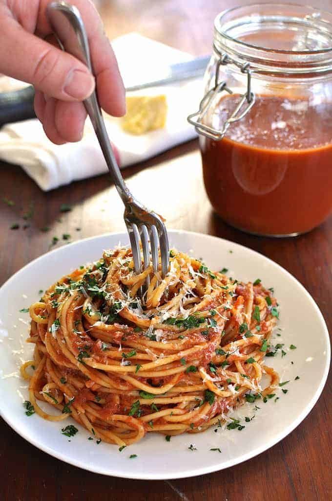 Slow Cooker Marinara Sauce served with pasta