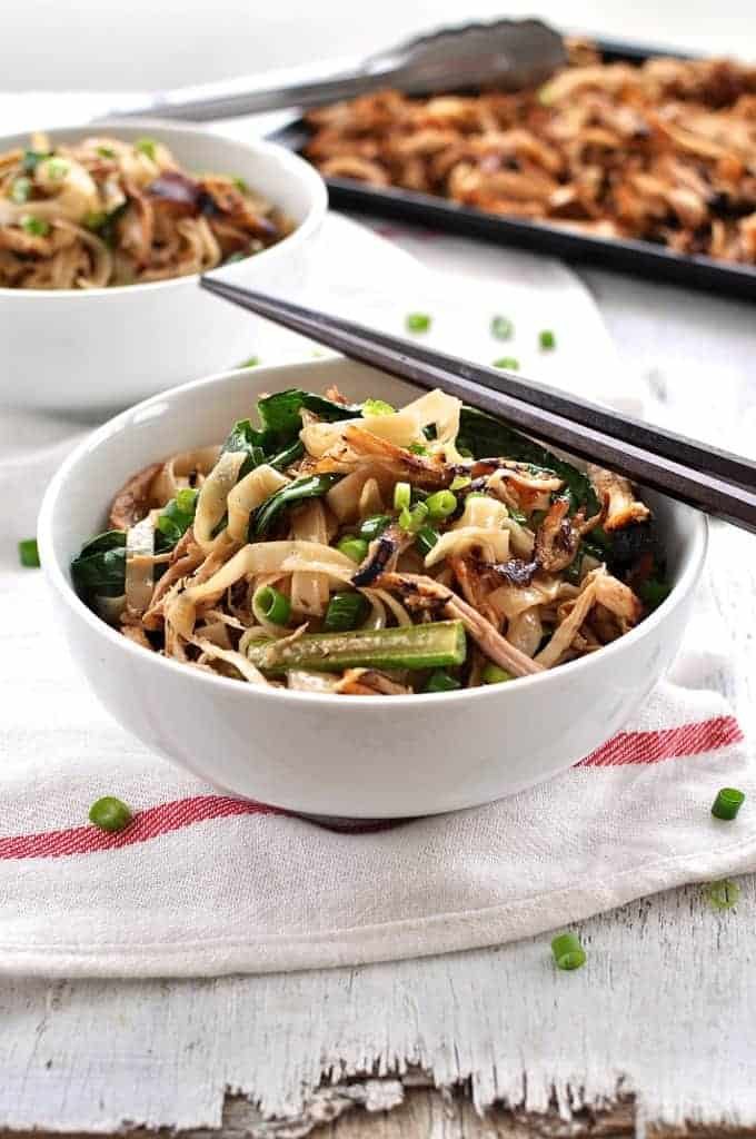 Crispy Shredded Chicken Noodle Stir Fry in a bowl.