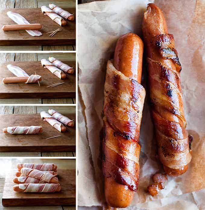 Bacon Wrapped Hot Dogs with Cheese Sauce - bacon makes everything better. So does cheese!