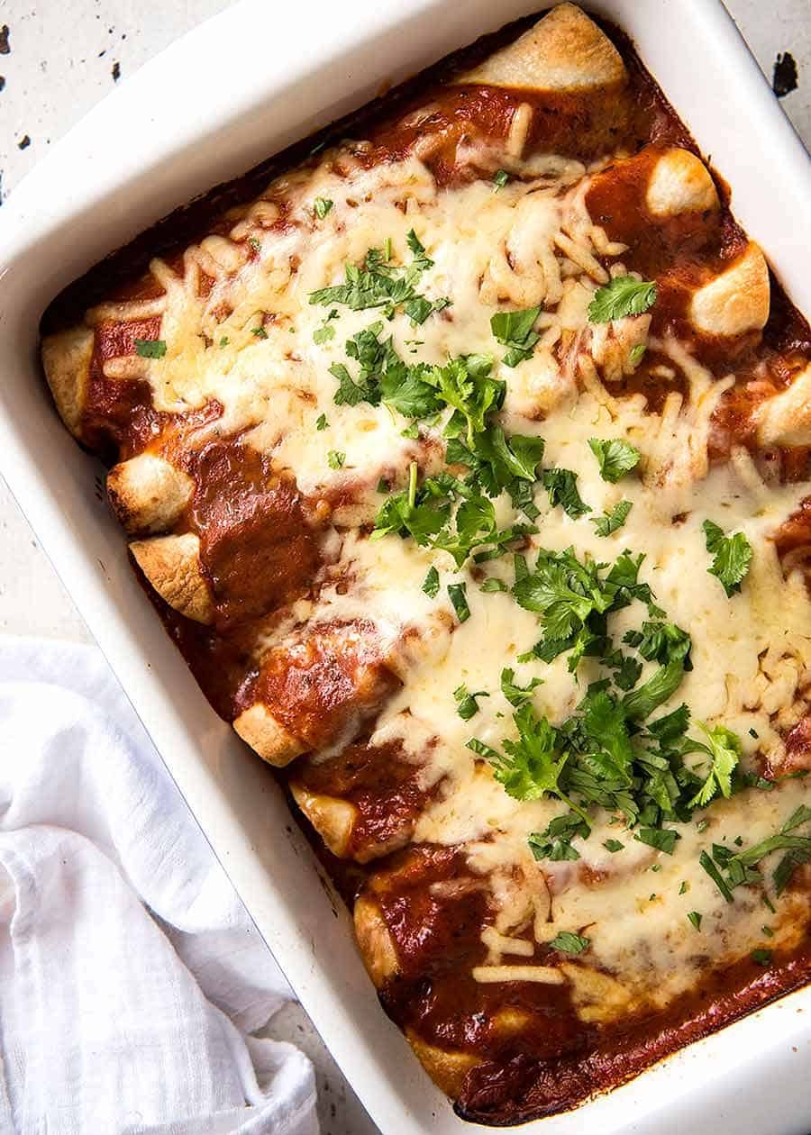 Overhead photo of Beef Enchiladas, fresh out of the oven