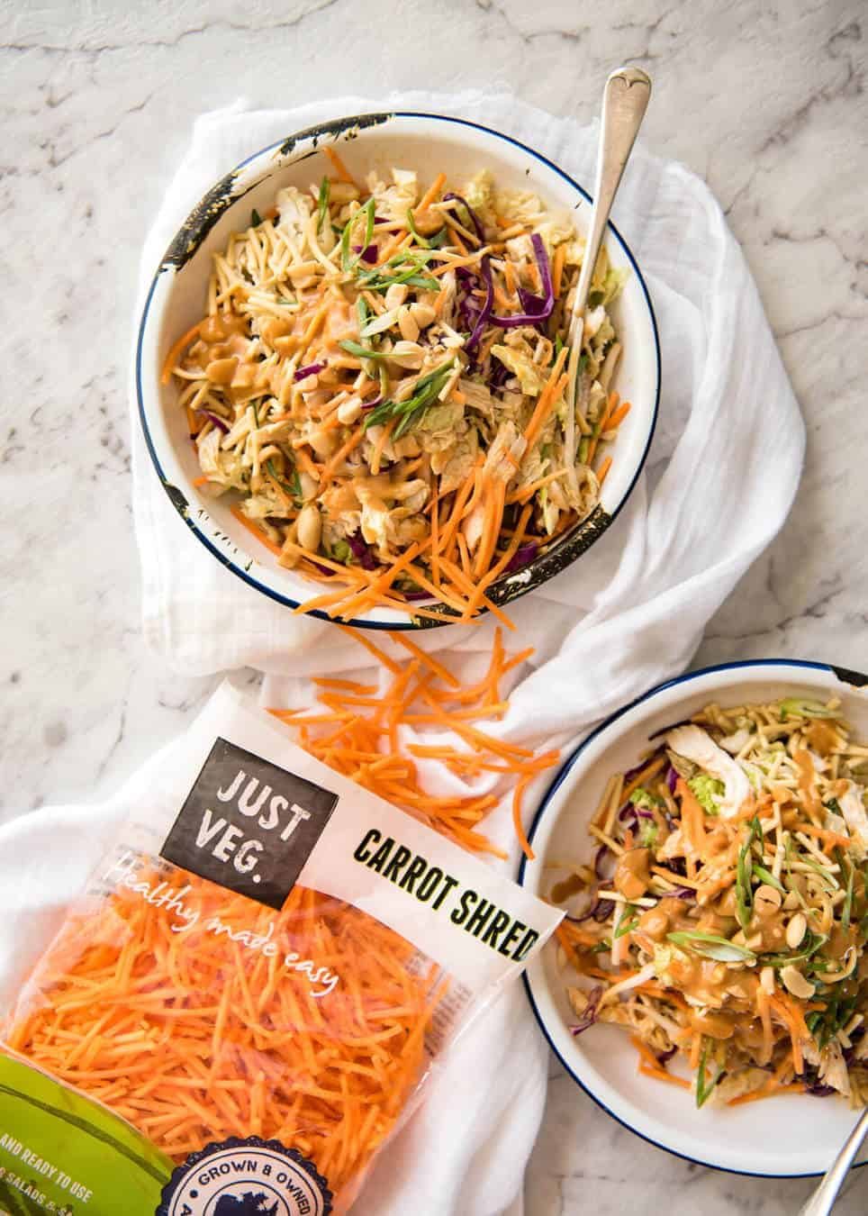 Chinese Chicken Salad with Asian Peanut Salad Dressing - made with cabbage, shredded chicken, crunchy noodles, carrot and a killer peanut dressing! www.recipetineats.com