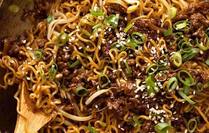 Quick Asian Beef Ramen Noodles (ground beef) in a skillet, fresh off the stove