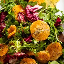 Overhead close up photo of Bitter Leaf and Orange Salad with Orange Poppyseed Dressing