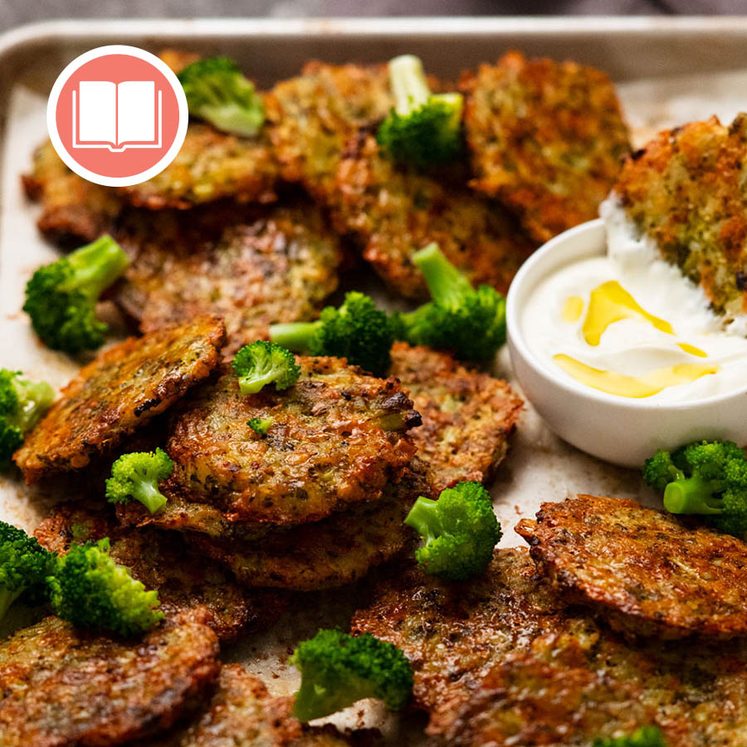 Close up of freshly baked tray of Cheesy Baked Broccoli Fritters