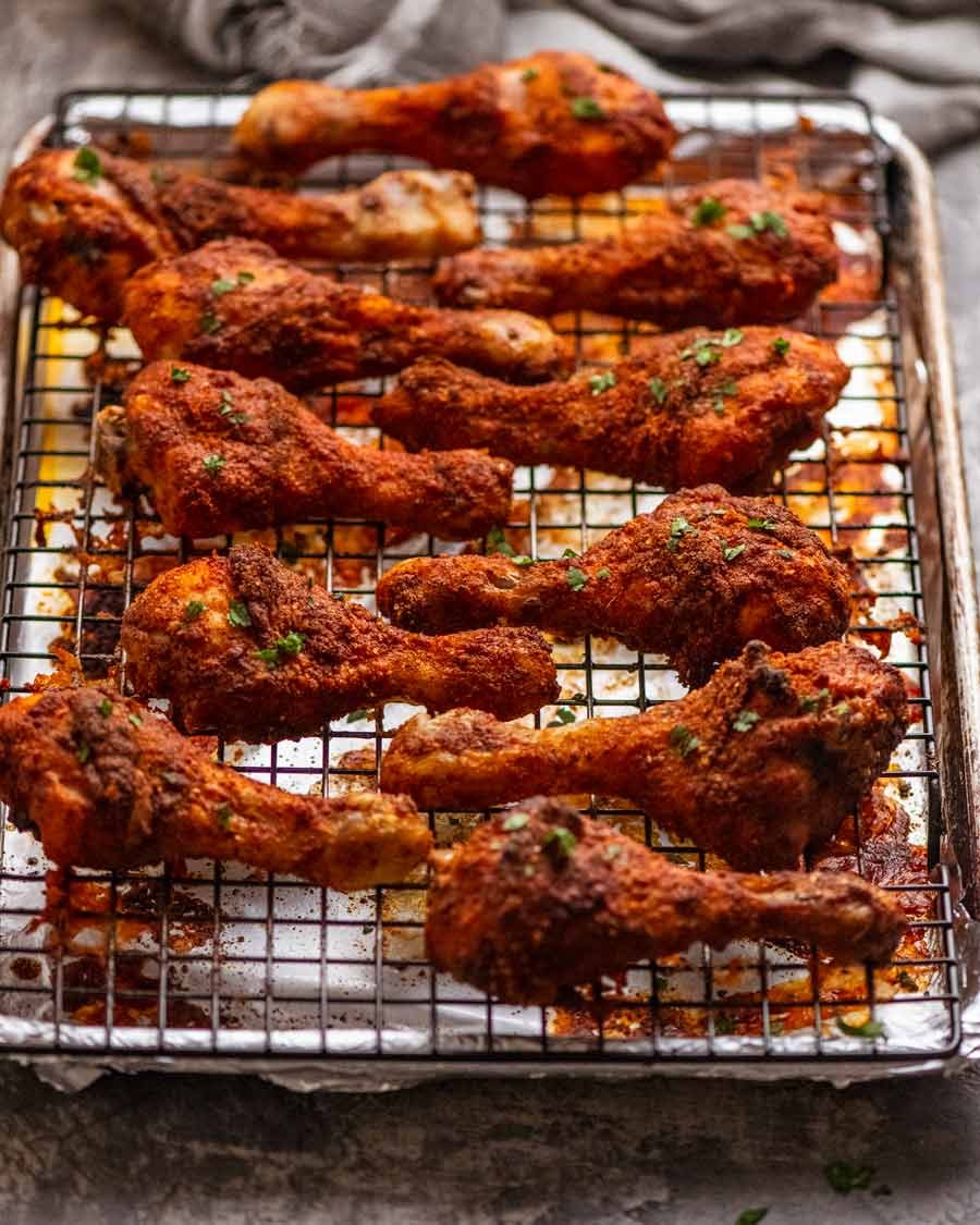 Tray of freshly made Crispy Baked Chicken Drumsticks